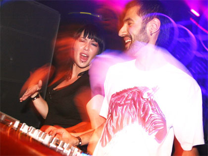 Kym Ayres having a laugh with Deano from The Tidy DJs 