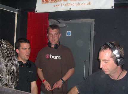 Nick and DJ Wilma checking out Cheeky Scott's DJ'ing skills