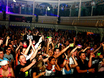 The view of the main room dance floor and balconies from the DJ stage